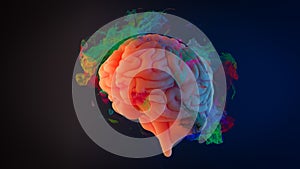 Concept background with colorful smoke showing a brain addicted to dopamine, 3d rendering