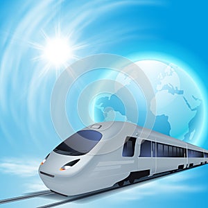 Concept background with high-speed train, the globe and sun.