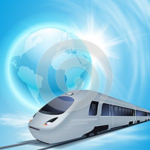 Concept background with high-speed train, the globe and sun.