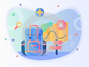 Concept of backpacker traveling backpack map navigation signpost with flat style.