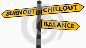 Concept of balance,burnout and chillout on signpost