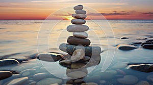 Concept of balance and harmony. Rocks on the sea coast at sunset in nature.