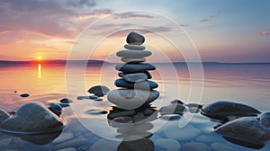 Concept of balance and harmony. Rocks on the sea coast at sunset in nature.