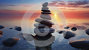 Concept of balance and harmony. Rocks on the sea coast at sunset in nature.