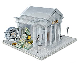 Concept of bank building with opened vault door and overfilled vault