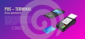 The concept of a bank pos terminal for paying for services using a card, phone, including contactless payment. Acquiring. Vector