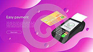 The concept of a bank pos terminal for paying for services using a card, phone, including contactless payment. Acquiring. Vector