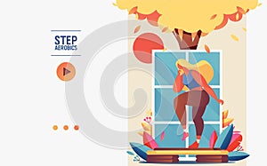 Concept banner or booklet template with young woman doing step aerobics. Greenery, tree, window and platform for healthe lifestyle