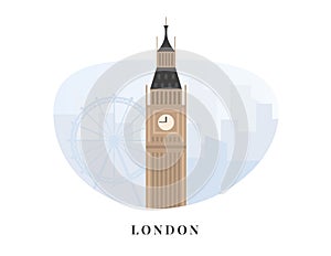 Concept for banner of London Big Ben on blue cityscape background. Modern flat vector illustration. Business template.