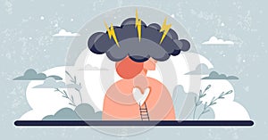Concept banner of psychological trauma, depression crisis, frustration. Woman s head in a cloud with lightning, tension