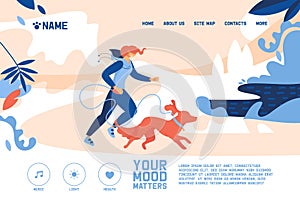 Concept banner with young woman jogging with large orange dog. Vector outdoor illustration with non-urban landscape scene, trees