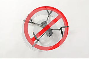 concept for banning the use of drones in airspace. drone with high quality optics on gray background