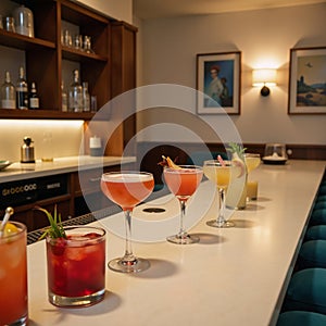 Bartenderstyle table showcases assorted cocktail drinks in a chic dimly lit lounge setting