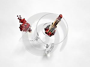 Concept beauty background with wine glasses. lipstick and konfetti