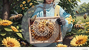Beekeeper and Honeycomb Frame.AI Generated