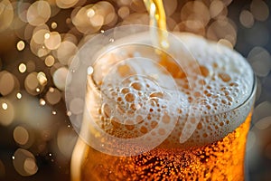 Concept Beer Photography, Closeup of beer bubbles being poured into a glass creating frothy waves