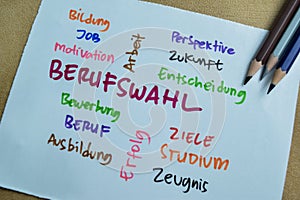 Concept of Berufswahl write on sticky notes with keywords isolated on Wooden Table