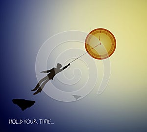 Concept of the best time memories, man silhouette holding the clock like sun on the heavens sky, holding the best time