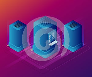 Concept of big data processing, energy station of future, server room rack, data center isometric vector illustration