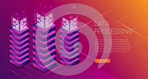 Concept of big data processing, energy station of future, server room rack, data center isometric vector illustration