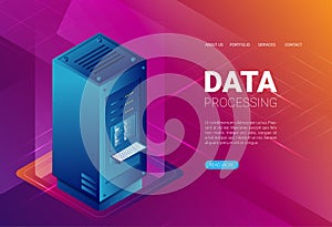 Concept of big data processing, energy station of future, server room rack, data center isometric vector illustration