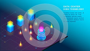 Concept of big data processing, web hosting and server room, computer.