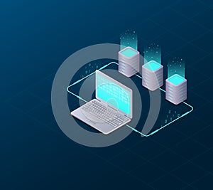 Concept of big data processing, web hosting and server room, computer. Internet network communication. Big Data Synchronization an