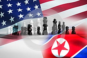 Concept of Bilateral relationship between two countries showing with two flags: United States of America and North Korea