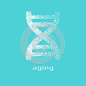 Concept of biochemistry with abstract dna symbol in distorted style. Aging text