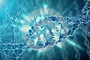 Concept of biochemistry with dna structure on blue background. 3d rendering Medicine concept.