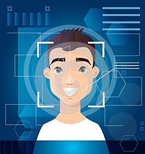 Concept of biometric scanning man s face, digital recognition, id scanning, futuristic digital background. Scan face