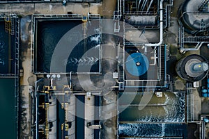 Concept Birdseye view of water treatment plant with various filtration and purification processes