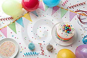 Concept birthday party on white background top view pattern photo