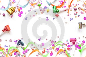 Concept birthday party on white background top view pattern