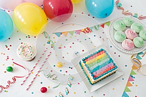 Concept birthday party on white background top view pattern photo