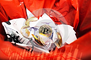 The concept of Bitcoin BTC cryptocurrencies downturn crisis and worthless, Cryptocurrency coins on a pile of trash