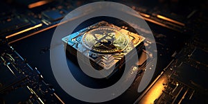 Concept of Bitcoin like a computer processor on motherboard. Generative AI