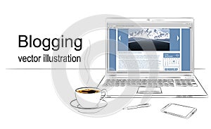Concept blogging. Digital blog. Vector illustration with drawing laptop, phone and cup of coffee.