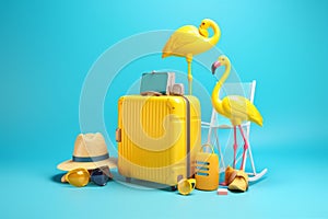 concept blue flamingo summer background fun travel suitcase yellow vacation sunglasses. Generative AI.