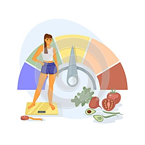 The concept of body mass index. A woman of normal weight is standing on a scale. Proper nutrition, sports. Scale