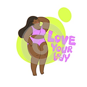 Concept of bodypositive. Beautiful black woman dressed in swimsuit