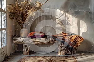 Concept Boho Decor, Tree Boho interior design with tree trunk bench pillows and dried twig decor