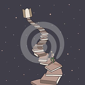 Concept: book or reading is source of knowledge.Tiny boy climb up stack of books in form of ladder leading up to open door with