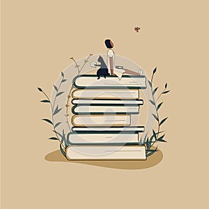 Concept: book is source of knowledge.A tiny African woman and cat reading book sitting on stack of books.Volumes with plants as
