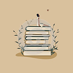 Concept: book is source of knowledge.A tiny African woman with friend sitting on stack of books.Volumes with plants as symbol of