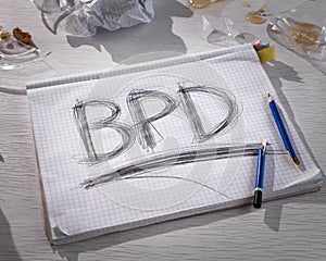 Concept of borderline personality disorder. The abbreviation for BPD is expressively written in pencil with strong