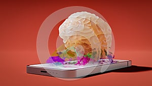 Concept of a brain addicted to smartphones, 3d rendering