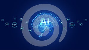 concept brain digital artificial intelligence using ai chip cranial nerves connected with AI control on a blue background and a