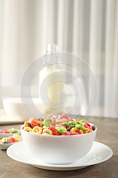 Concept of breakfast food, colorful corn flakes, close up