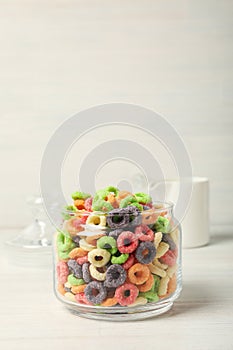 Concept of breakfast food, colorful corn flakes, close up